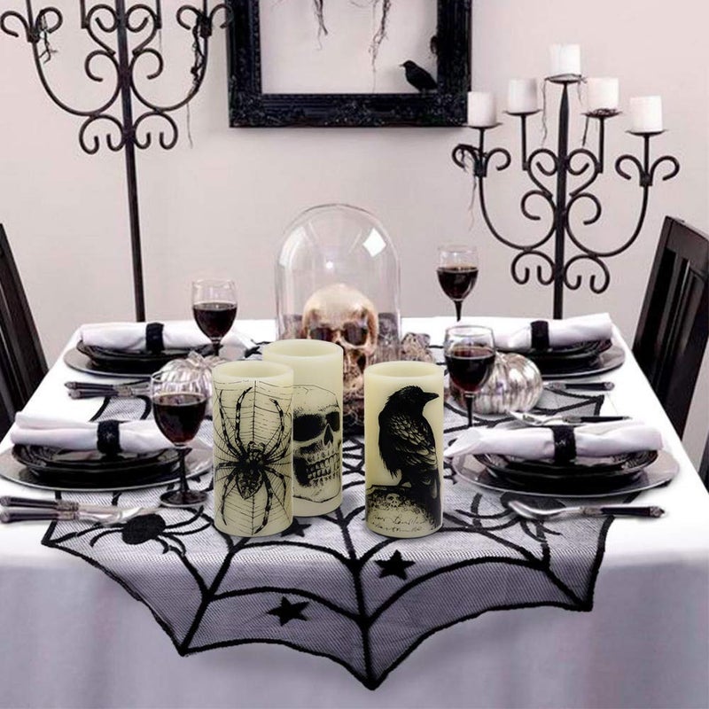 DRomance Halloween Flameless Flickering Candles Battery Operated with 6 Hour Timer White Real Wax Spooky LED Pillar Candles Skull Spider Crown Decals Hallloween Indoor Decor(3 x 6 Inches) - Image 4